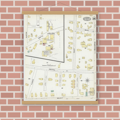 Old map wall art mockup — magnetic wood frame on brick wall — Sanborn Fire Insurance Map from Newton, Middlesex County, Massachusetts (1892), Sheet #0014