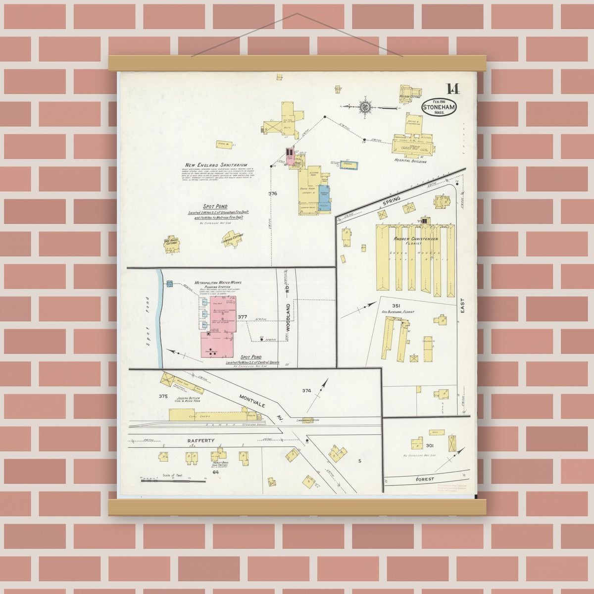 Old map wall art mockup — magnetic wood frame on brick wall — Sanborn Fire Insurance Map from Stoneham, Middlesex County, Massachusetts (1916), Sheet #0014