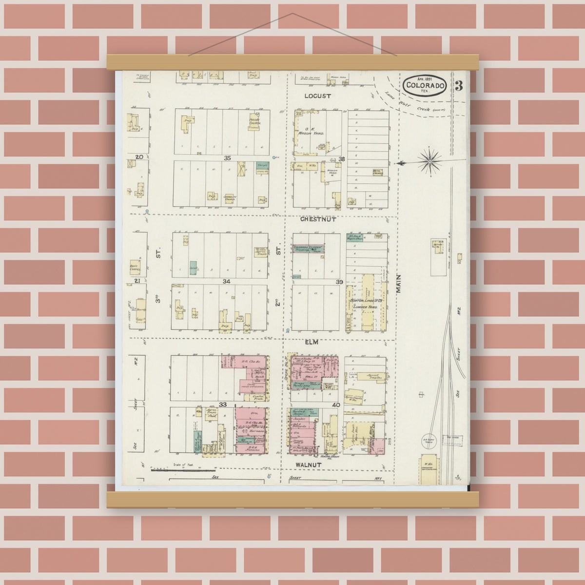 Old map wall art mockup — magnetic wood frame on brick wall — Sanborn Fire Insurance Map from Colorado, Mitchell County, Texas (1891), Sheet #0003