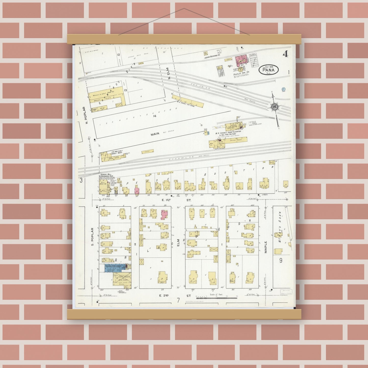 Old map wall art mockup — magnetic wood frame on brick wall — Sanborn Fire Insurance Map from Pana, Christian County, Illinois (1916), Sheet #0004