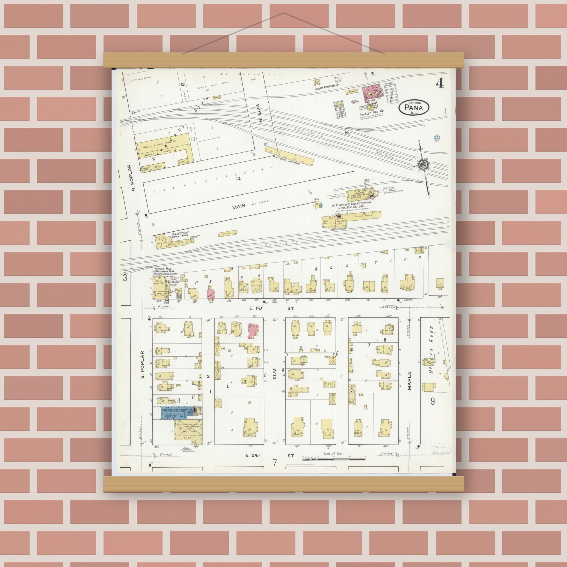 Old map wall art mockup — magnetic wood frame on brick wall — Sanborn Fire Insurance Map from Pana, Christian County, Illinois (1916), Sheet #0004