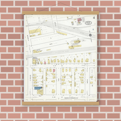Old map wall art mockup — magnetic wood frame on brick wall — Sanborn Fire Insurance Map from Pana, Christian County, Illinois (1916), Sheet #0004