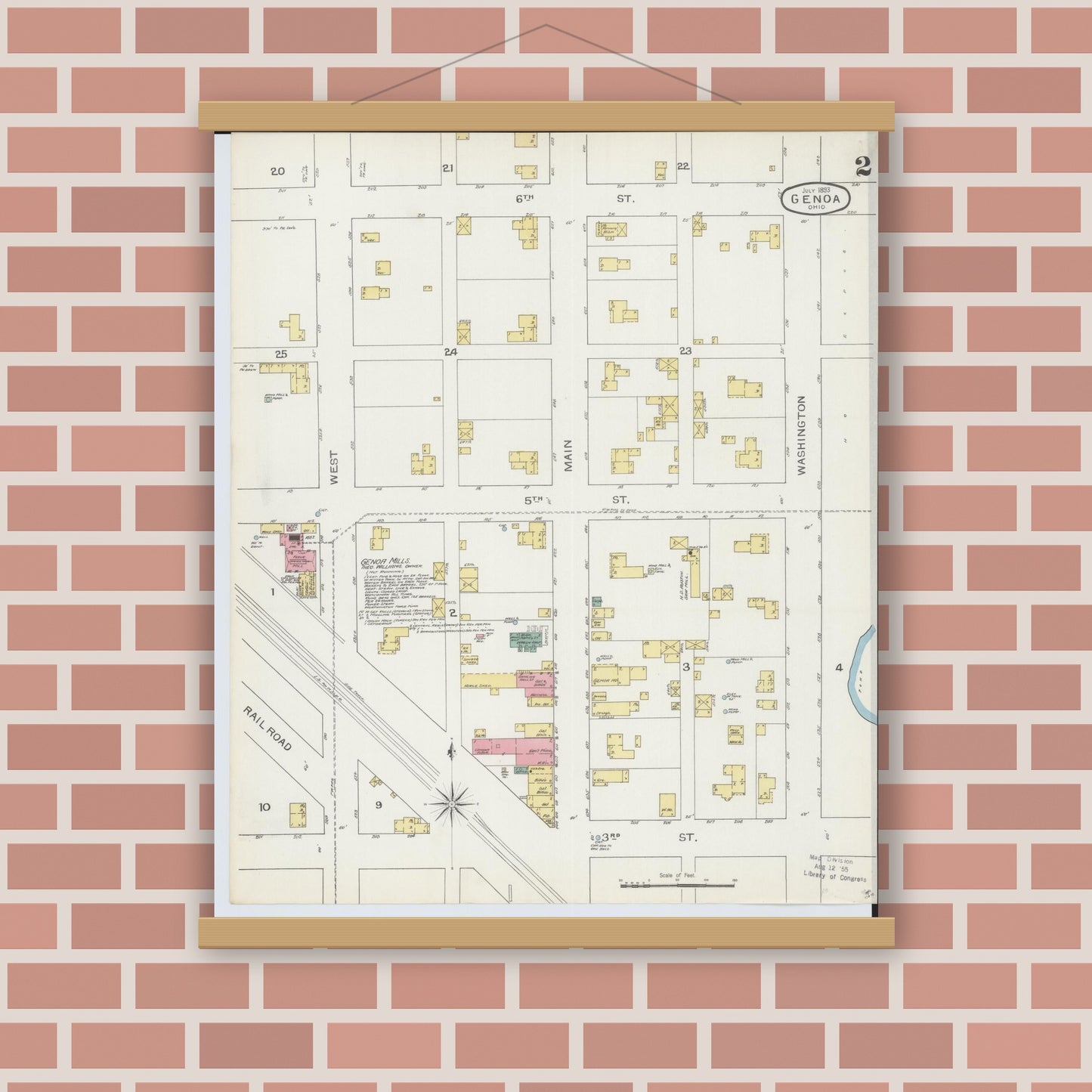 Old map wall art mockup — magnetic wood frame on brick wall — Sanborn Fire Insurance Map from Genoa, Ottawa County, Ohio (1893), Sheet #0002