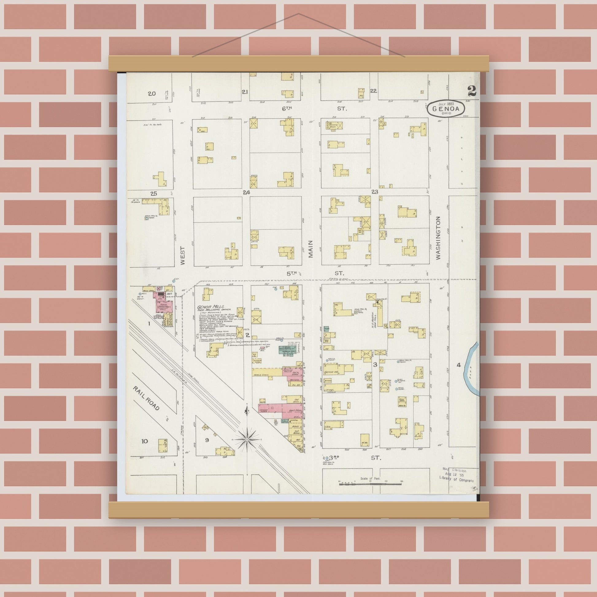 Old map wall art mockup — magnetic wood frame on brick wall — Sanborn Fire Insurance Map from Genoa, Ottawa County, Ohio (1893), Sheet #0002