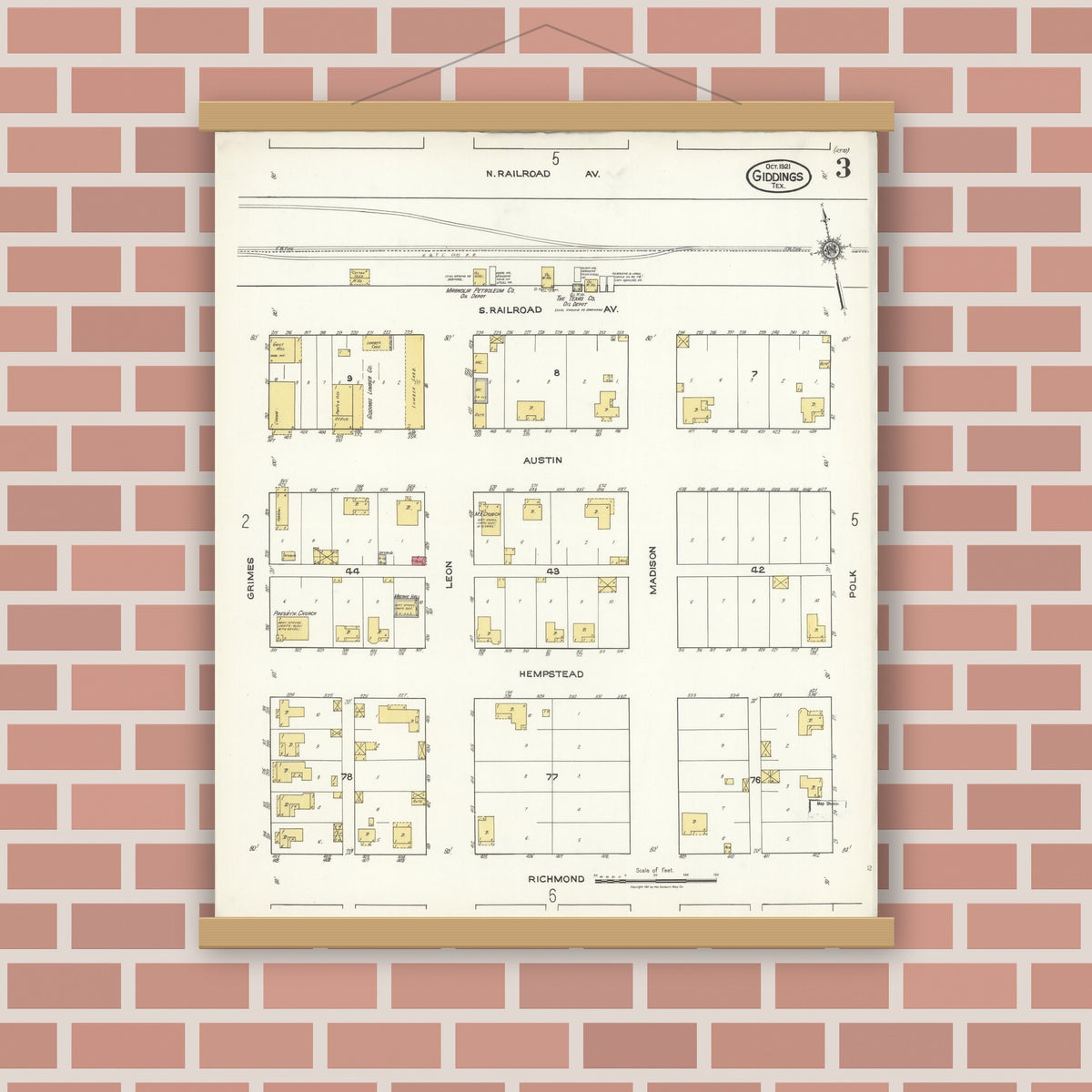 Old map wall art mockup — magnetic wood frame on brick wall — Sanborn Fire Insurance Map from Giddings, Lee County, Texas (1921), Sheet #0003