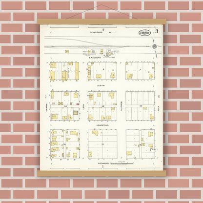 Old map wall art mockup — magnetic wood frame on brick wall — Sanborn Fire Insurance Map from Giddings, Lee County, Texas (1921), Sheet #0003