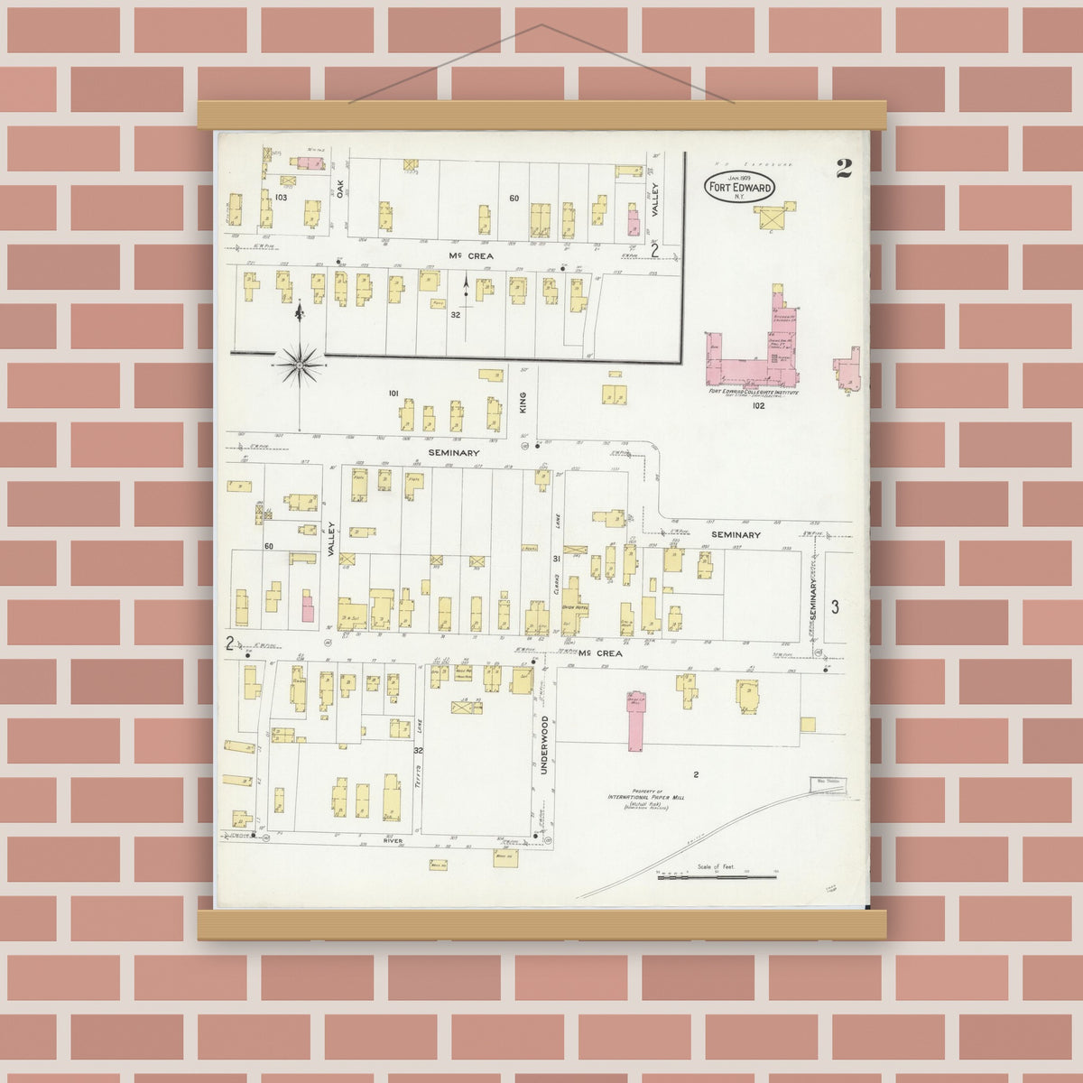 Old map wall art mockup — magnetic wood frame on brick wall — Sanborn Fire Insurance Map from Fort Edward, Washington County, New York (1909) - Complete Map Set
