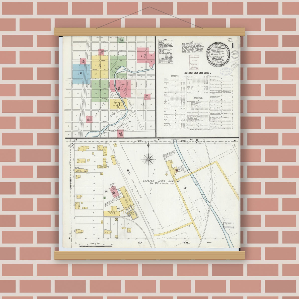 Old map wall art mockup — magnetic wood frame on brick wall — Sanborn Fire Insurance Map from Antigo, Langlade County, Wisconsin (1898) - Complete Map Set