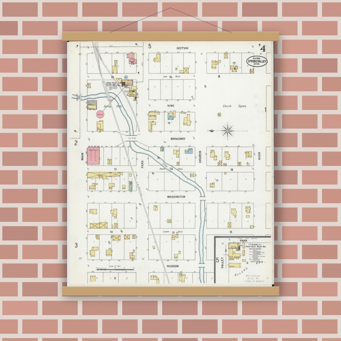 Old map wall art mockup — magnetic wood frame on brick wall — Sanborn Fire Insurance Map from Spring Valley, Fillmore County, Minnesota (1900), Sheet #0004