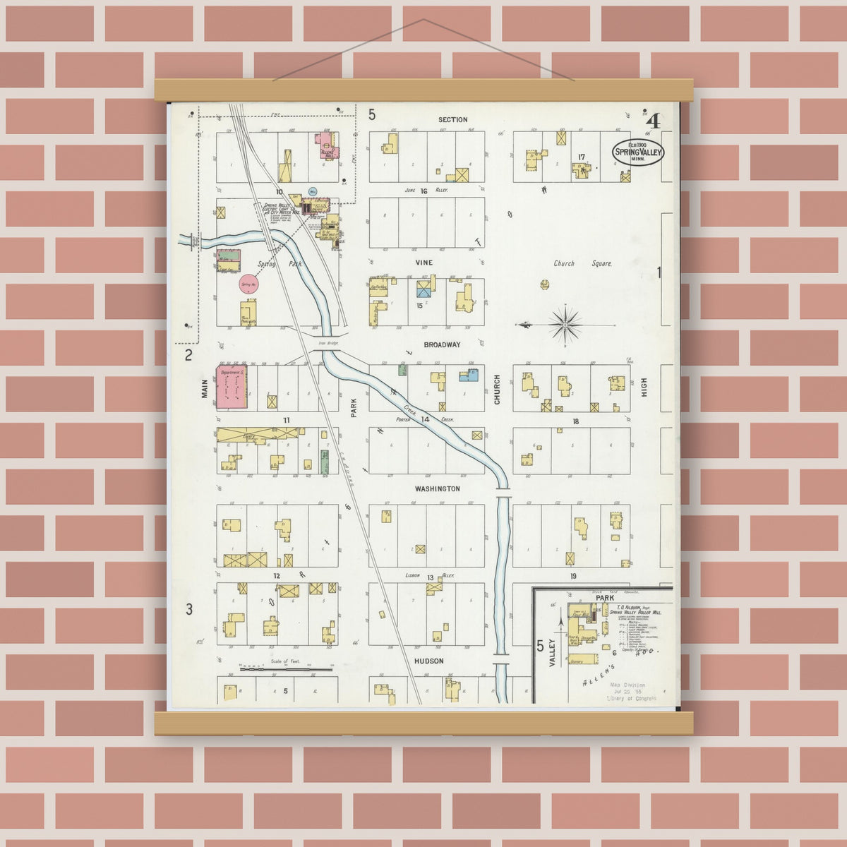 Old map wall art mockup — magnetic wood frame on brick wall — Sanborn Fire Insurance Map from Spring Valley, Fillmore County, Minnesota (1900), Sheet #0004