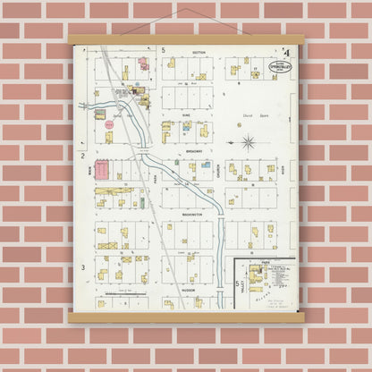 Old map wall art mockup — magnetic wood frame on brick wall — Sanborn Fire Insurance Map from Spring Valley, Fillmore County, Minnesota (1900), Sheet #0004