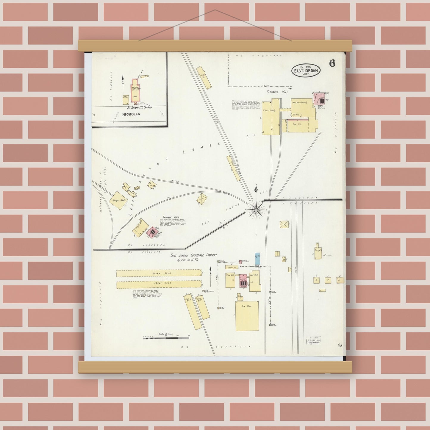 Old map wall art mockup — magnetic wood frame on brick wall — Sanborn Fire Insurance Map from East Jordan, Charlevoix County, Michigan (1905), Sheet #0006