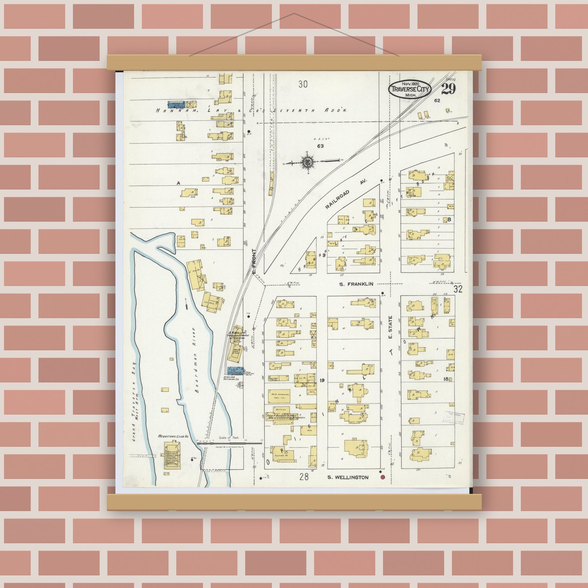 Old map wall art mockup — magnetic wood frame on brick wall — Sanborn Fire Insurance Map from Traverse City, Grand Traverse County, Michigan (1920), Sheet #0029