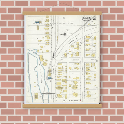 Old map wall art mockup — magnetic wood frame on brick wall — Sanborn Fire Insurance Map from Traverse City, Grand Traverse County, Michigan (1920), Sheet #0029