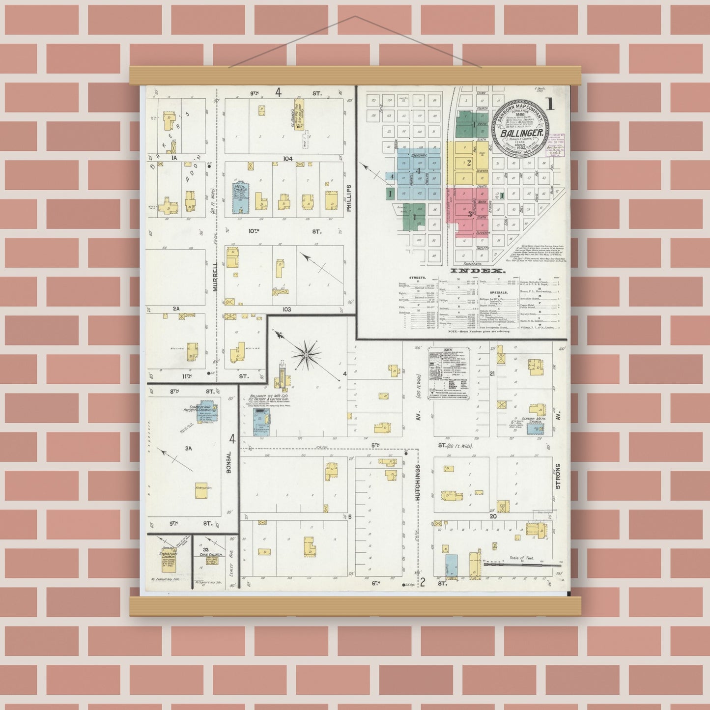 Old map wall art mockup — magnetic wood frame on brick wall — Sanborn Fire Insurance Map from Ballinger, Runnels County, Texas (1902), Sheet #0001