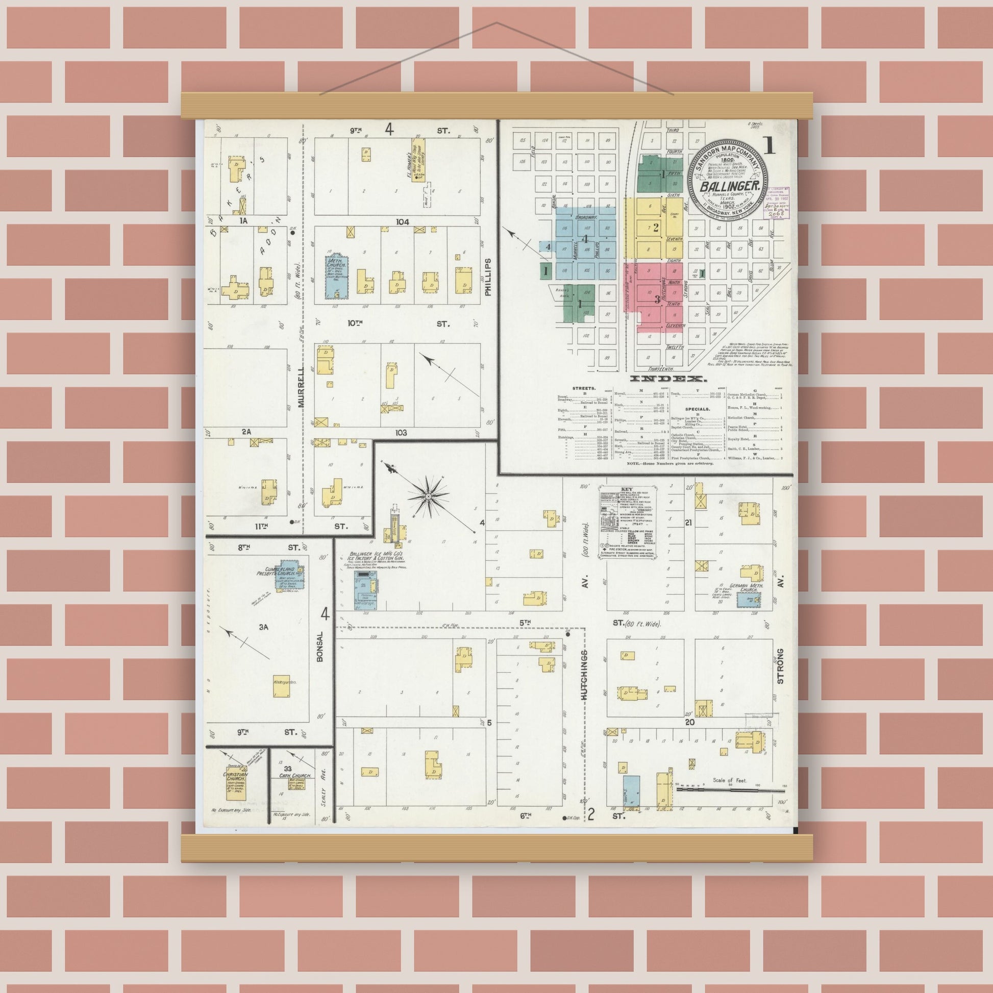 Old map wall art mockup — magnetic wood frame on brick wall — Sanborn Fire Insurance Map from Ballinger, Runnels County, Texas (1902), Sheet #0001