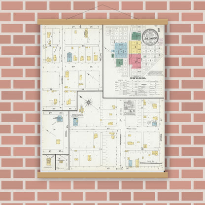 Old map wall art mockup — magnetic wood frame on brick wall — Sanborn Fire Insurance Map from Ballinger, Runnels County, Texas (1902), Sheet #0001