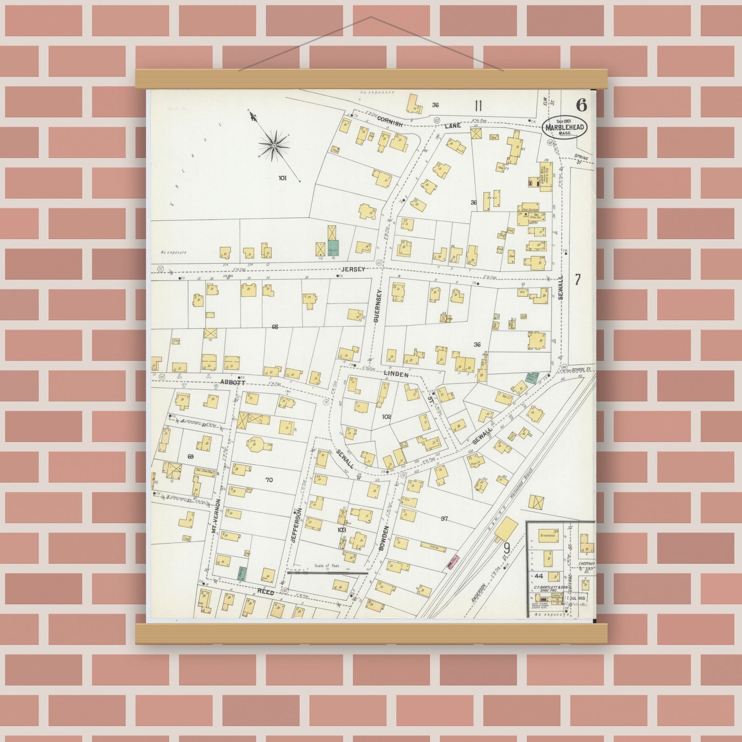 Old map wall art mockup — magnetic wood frame on brick wall — Sanborn Fire Insurance Map from Marblehead, Essex County, Massachusetts (1901), Sheet #0006