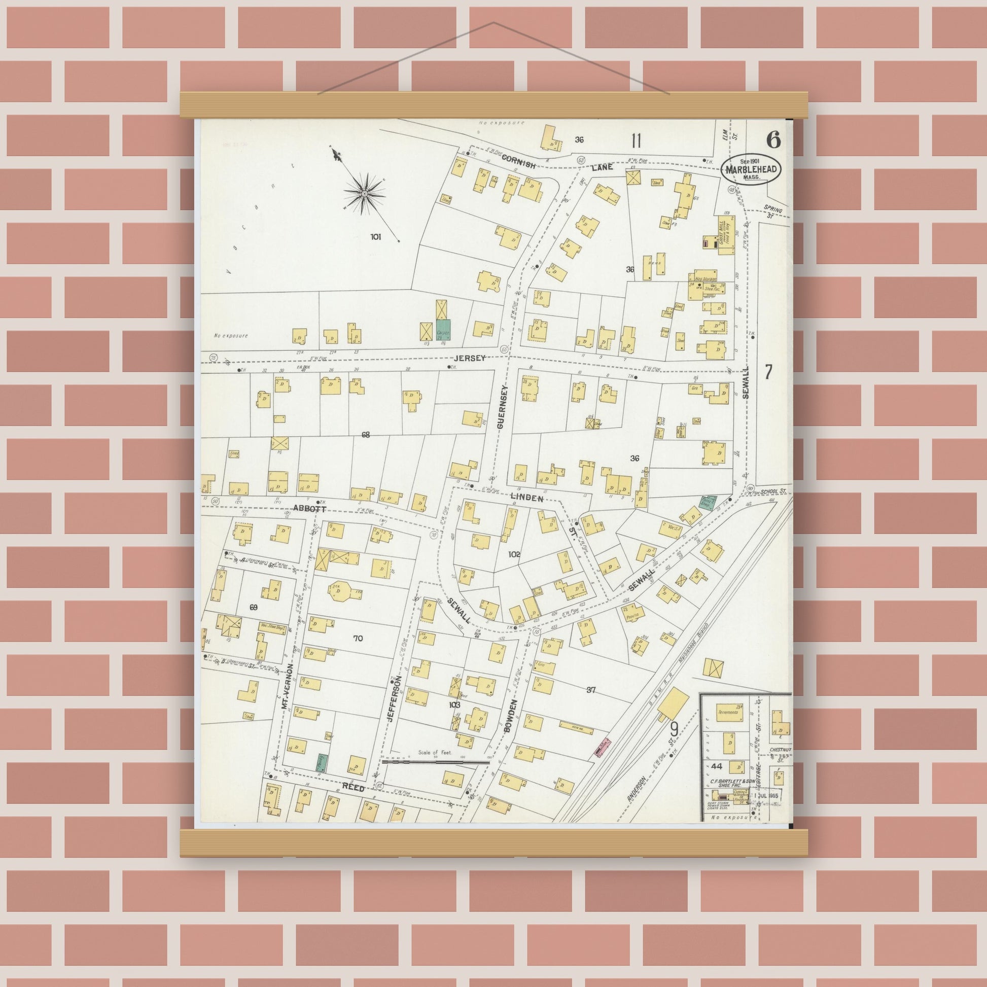 Old map wall art mockup — magnetic wood frame on brick wall — Sanborn Fire Insurance Map from Marblehead, Essex County, Massachusetts (1901), Sheet #0006
