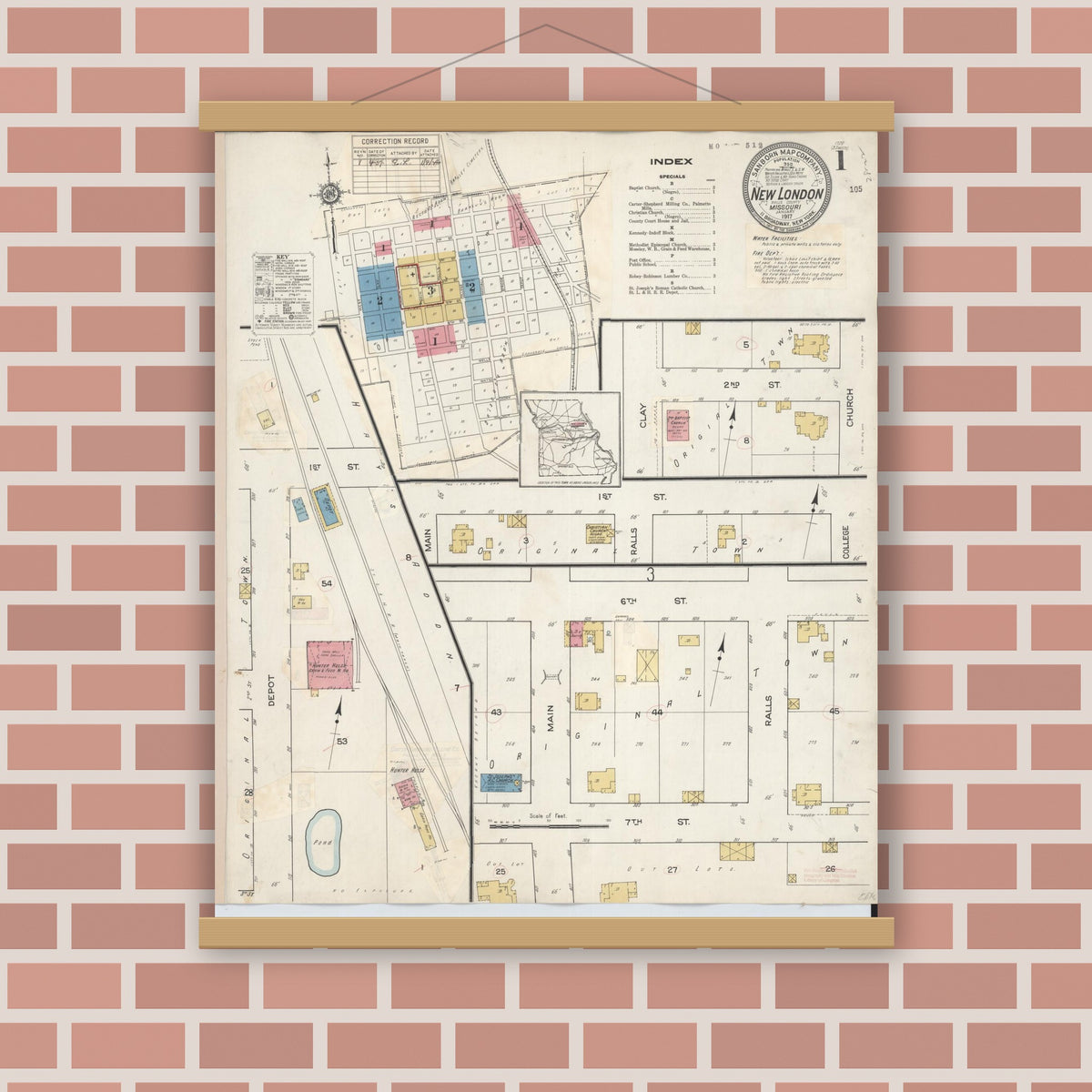 Old map wall art mockup — magnetic wood frame on brick wall — Sanborn Fire Insurance Map from New London, Ralls County, Missouri (1937), Sheet #0001
