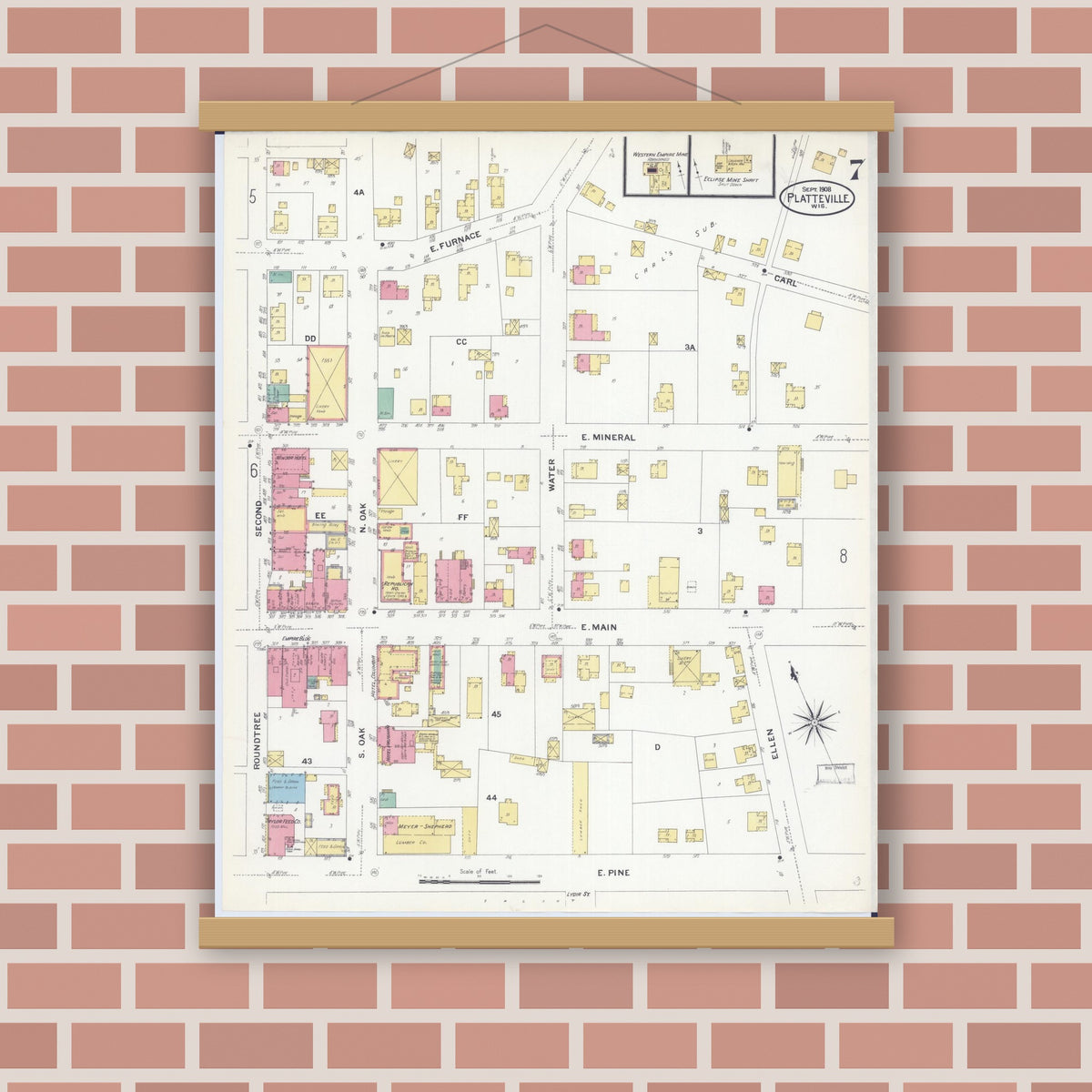 Old map wall art mockup — magnetic wood frame on brick wall — Sanborn Fire Insurance Map from Platteville, Grant County, Wisconsin (1908), Sheet #0007