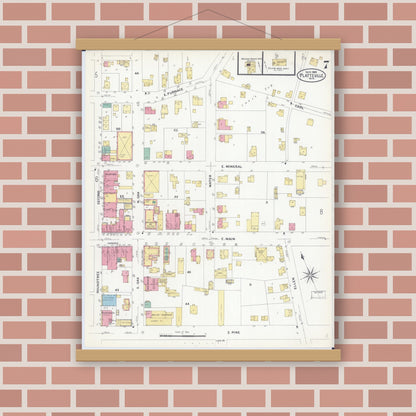 Old map wall art mockup — magnetic wood frame on brick wall — Sanborn Fire Insurance Map from Platteville, Grant County, Wisconsin (1908), Sheet #0007