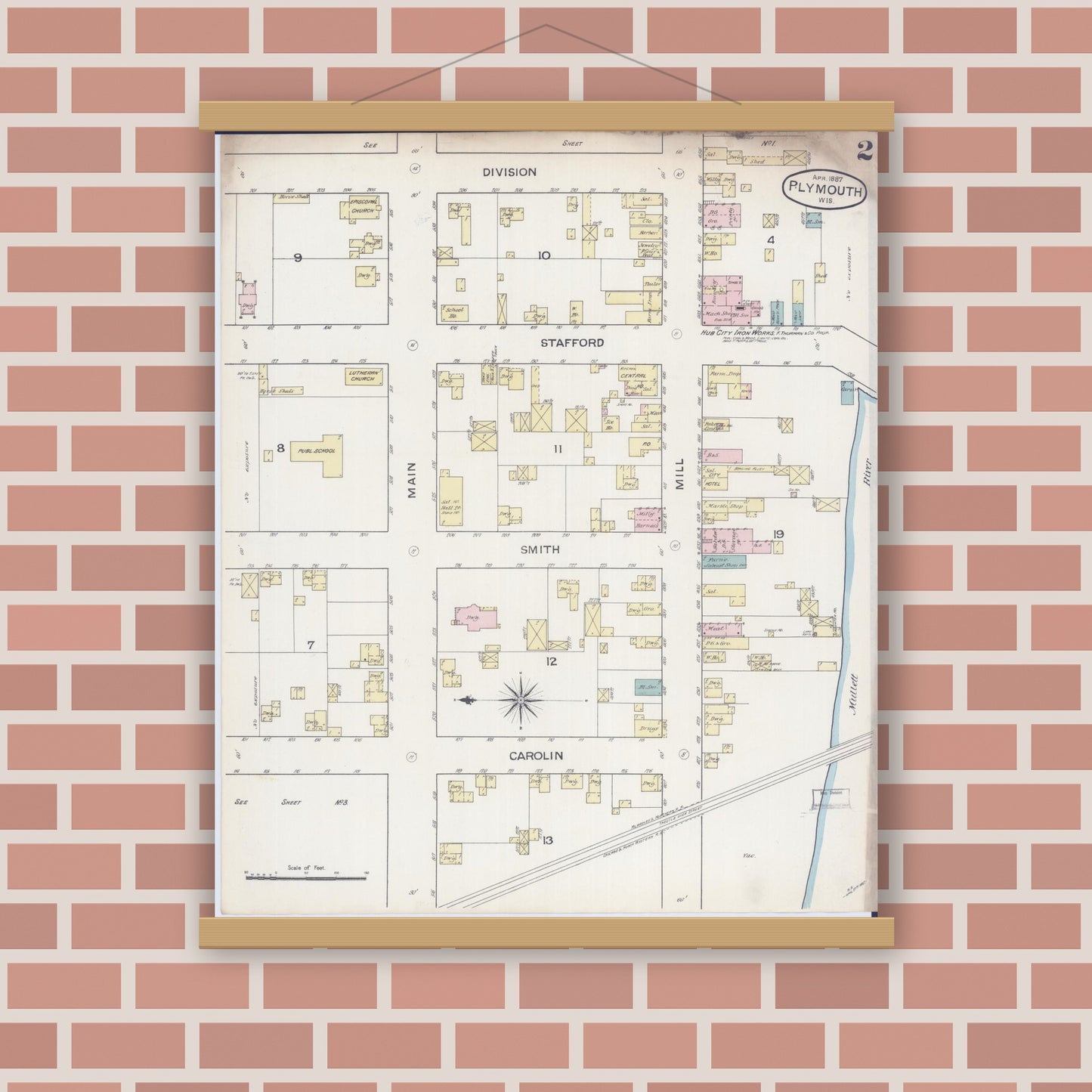 Old map wall art mockup — magnetic wood frame on brick wall — Sanborn Fire Insurance Map from Plymouth, Sheboygan County, Wisconsin (1887), Sheet #0002