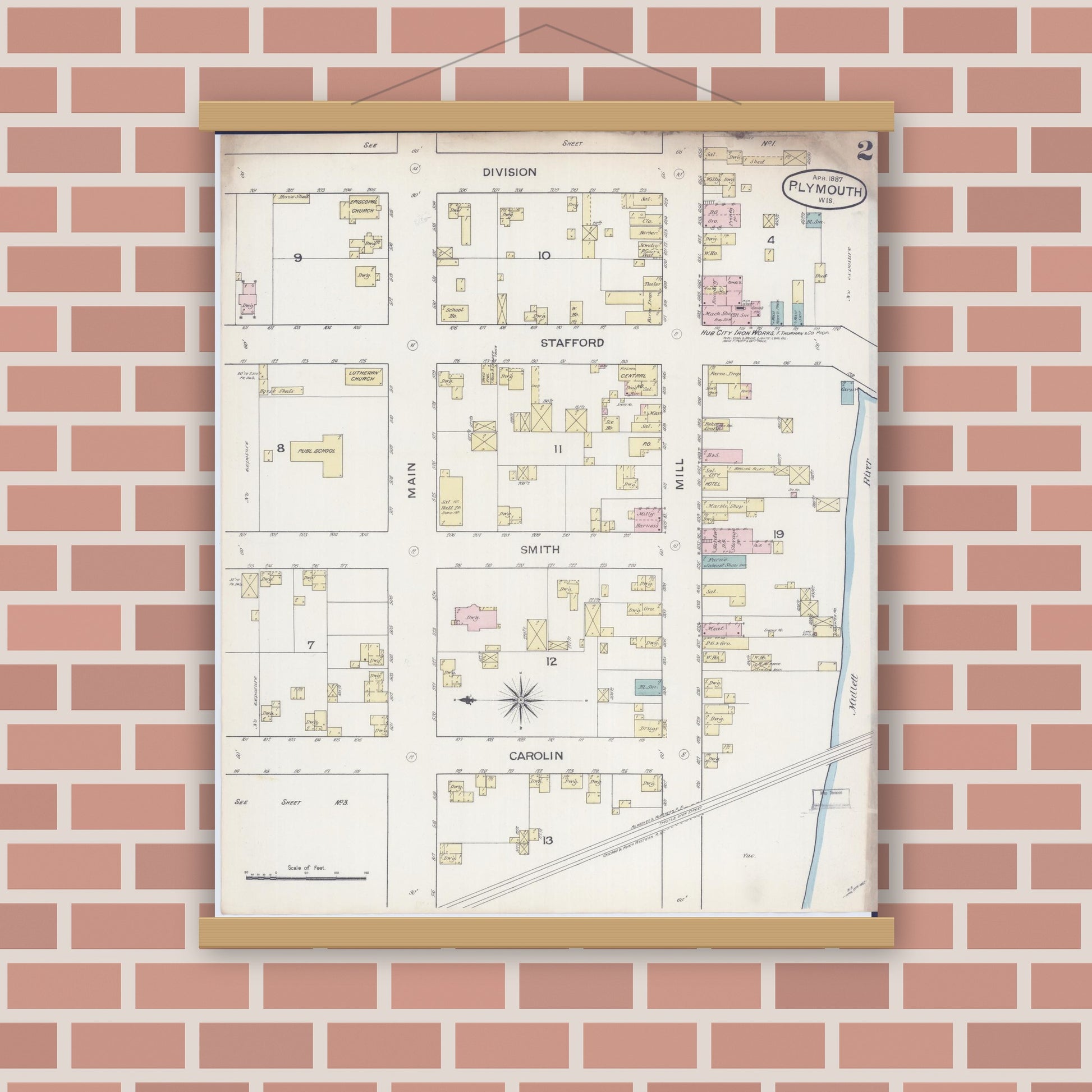 Old map wall art mockup — magnetic wood frame on brick wall — Sanborn Fire Insurance Map from Plymouth, Sheboygan County, Wisconsin (1887), Sheet #0002