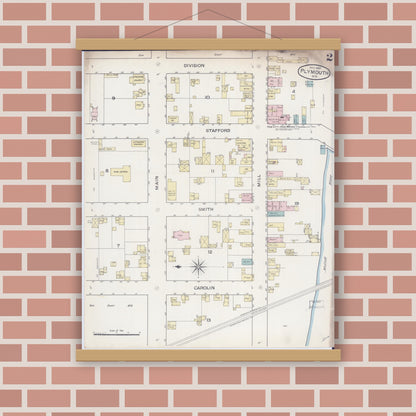 Old map wall art mockup — magnetic wood frame on brick wall — Sanborn Fire Insurance Map from Plymouth, Sheboygan County, Wisconsin (1887), Sheet #0002