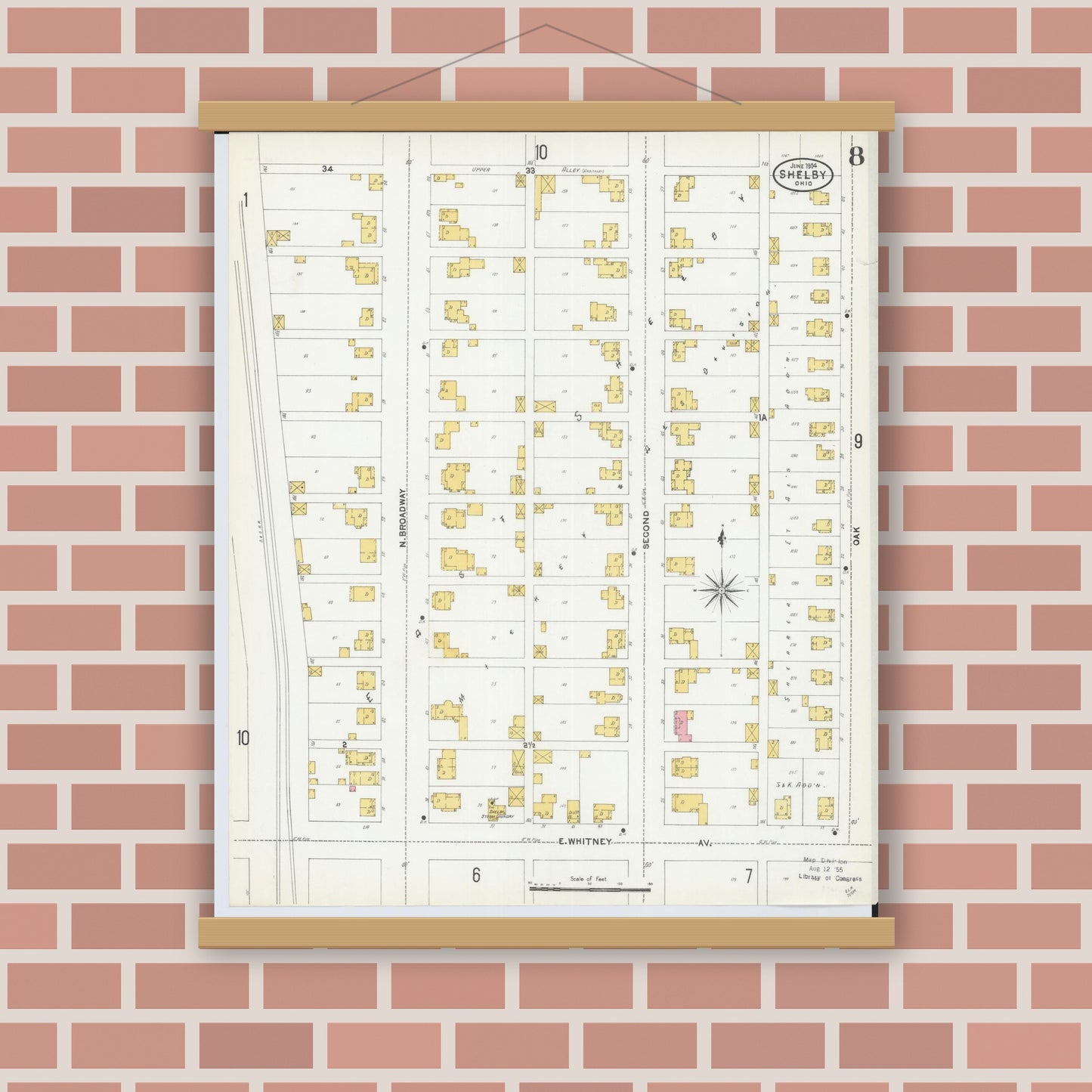 Old map wall art mockup — magnetic wood frame on brick wall — Sanborn Fire Insurance Map from Shelby, Richland County, Ohio (1904), Sheet #0008