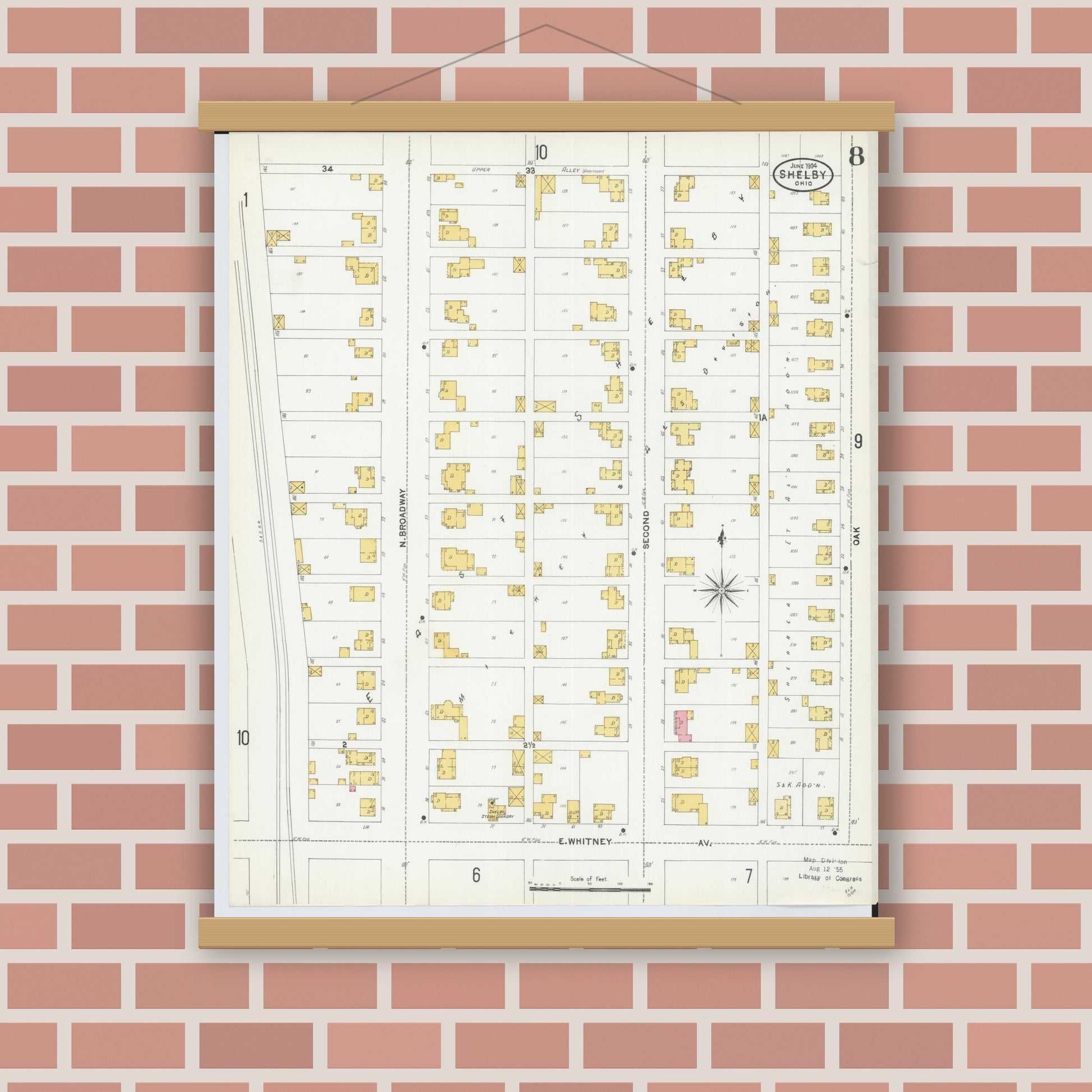 Old map wall art mockup — magnetic wood frame on brick wall — Sanborn Fire Insurance Map from Shelby, Richland County, Ohio (1904), Sheet #0008
