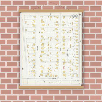 Old map wall art mockup — magnetic wood frame on brick wall — Sanborn Fire Insurance Map from Shelby, Richland County, Ohio (1904), Sheet #0008
