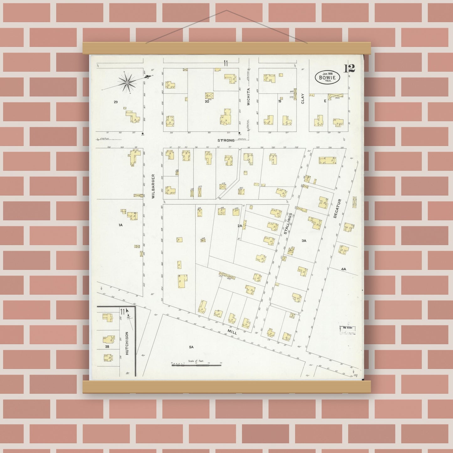 Old map wall art mockup — magnetic wood frame on brick wall — Sanborn Fire Insurance Map from Bowie, Montague County, Texas (1908), Sheet #0012
