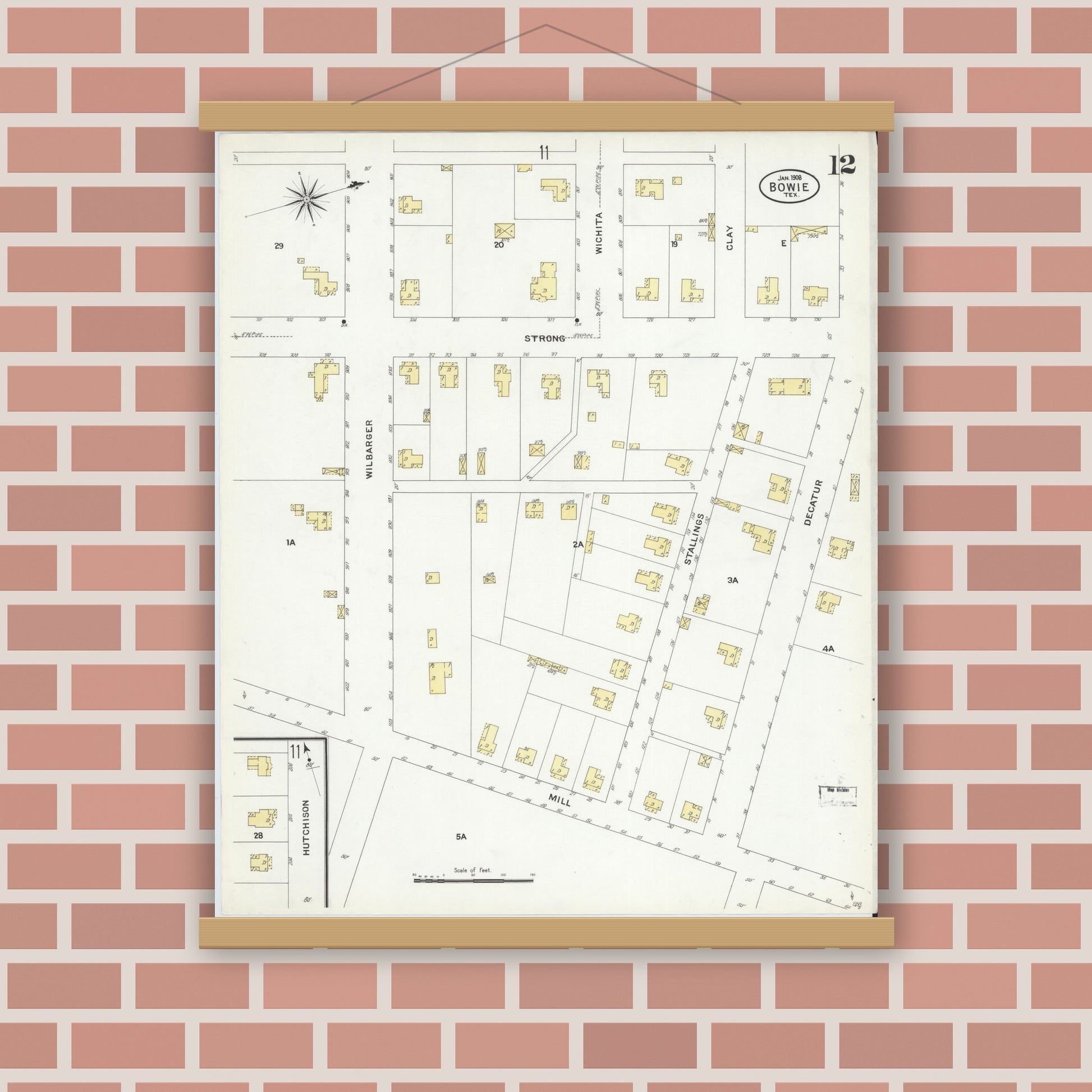Old map wall art mockup — magnetic wood frame on brick wall — Sanborn Fire Insurance Map from Bowie, Montague County, Texas (1908), Sheet #0012