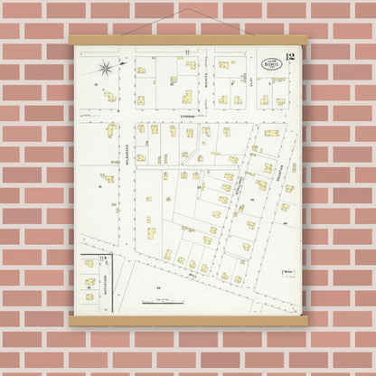 Old map wall art mockup — magnetic wood frame on brick wall — Sanborn Fire Insurance Map from Bowie, Montague County, Texas (1908), Sheet #0012