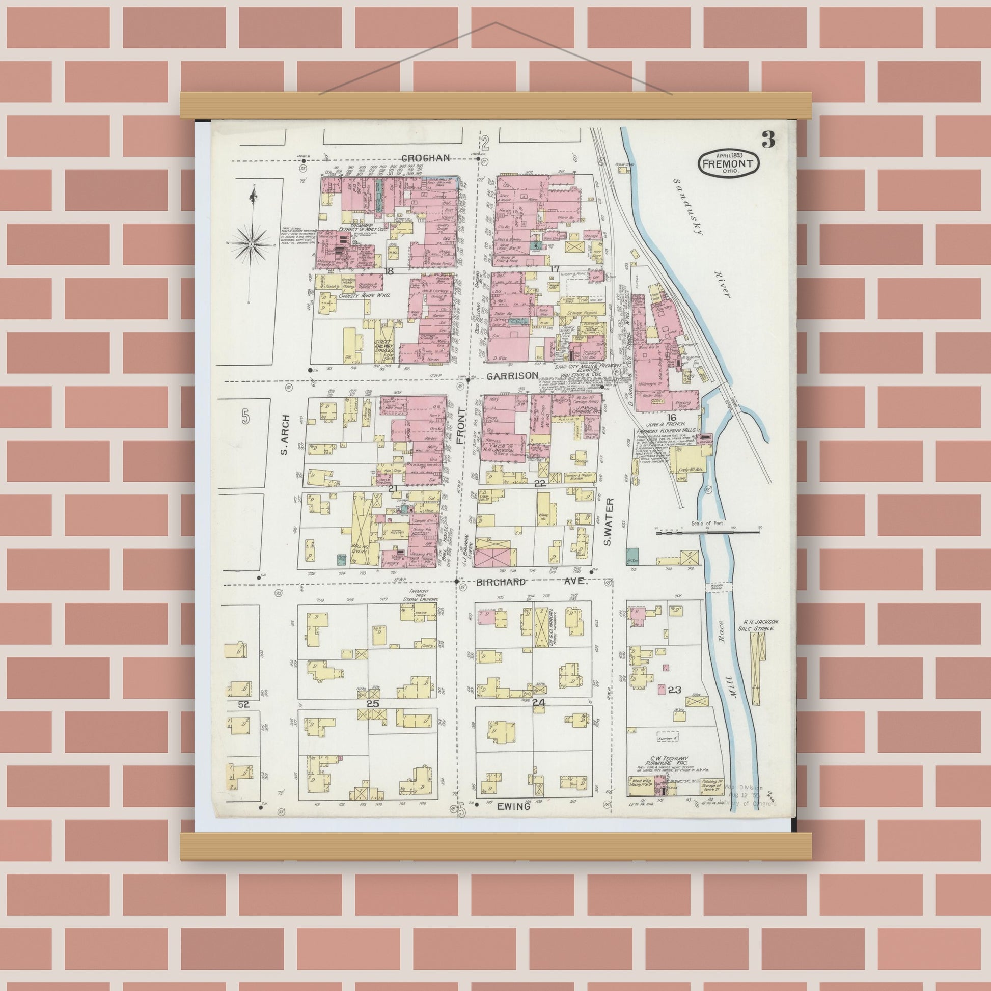 Old map wall art mockup — magnetic wood frame on brick wall — Sanborn Fire Insurance Map from Fremont, Sandusky County, Ohio (1893), Sheet #0003