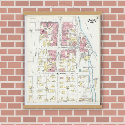 Old map wall art mockup — magnetic wood frame on brick wall — Sanborn Fire Insurance Map from Fremont, Sandusky County, Ohio (1893), Sheet #0003