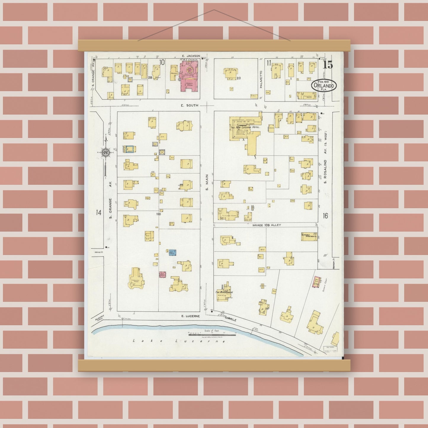 Old map wall art mockup — magnetic wood frame on brick wall — Sanborn Fire Insurance Map from Orlando, Orange County, Florida (1919), Sheet #0015