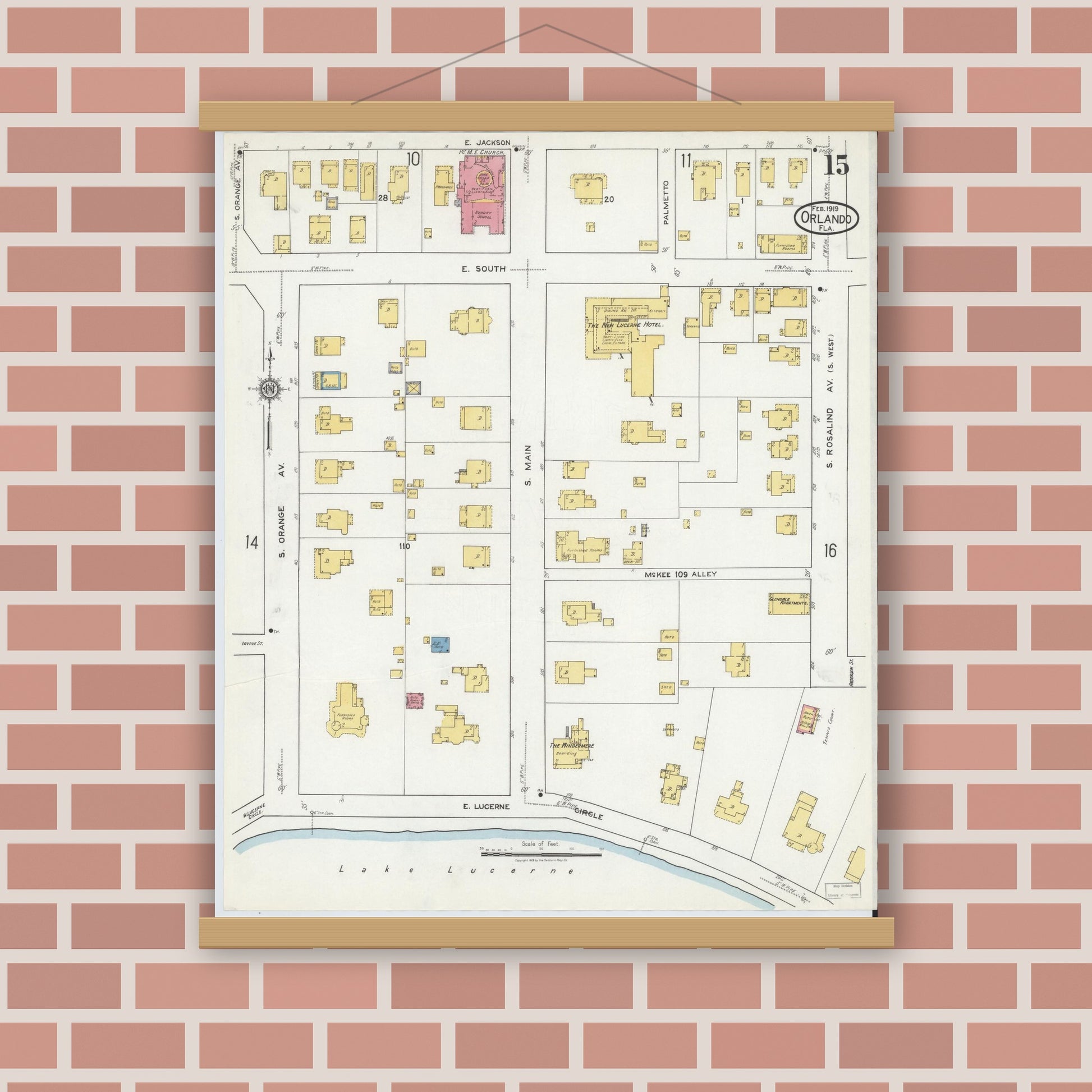 Old map wall art mockup — magnetic wood frame on brick wall — Sanborn Fire Insurance Map from Orlando, Orange County, Florida (1919), Sheet #0015