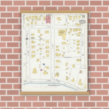 Old map wall art mockup — magnetic wood frame on brick wall — Sanborn Fire Insurance Map from Orlando, Orange County, Florida (1919), Sheet #0015
