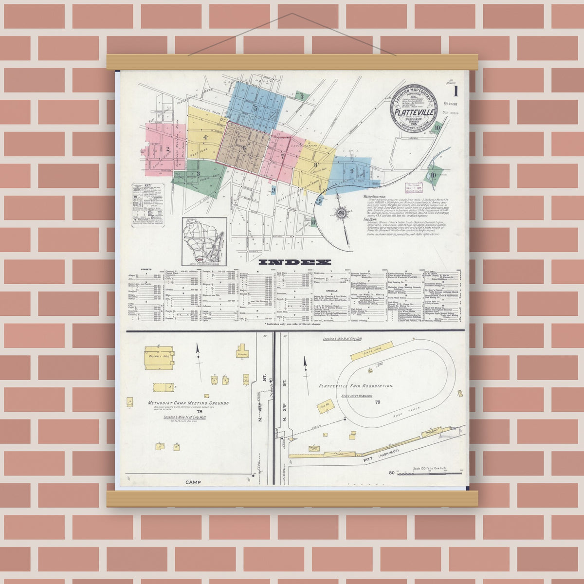 Old map wall art mockup — magnetic wood frame on brick wall — Sanborn Fire Insurance Map from Platteville, Grant County, Wisconsin (1915), Sheet #0001