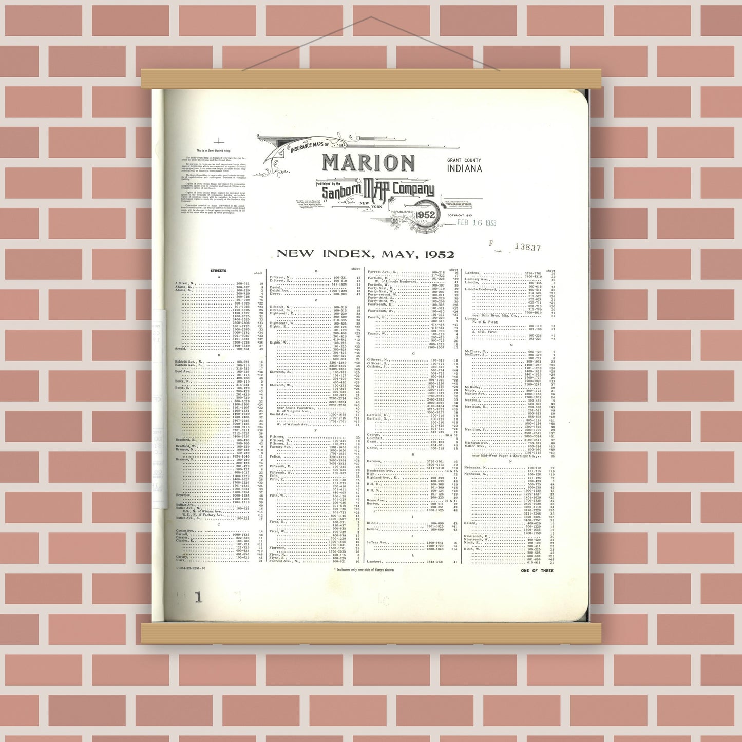 Old map wall art mockup — magnetic wood frame on brick wall — Sanborn Fire Insurance Map from Marion, Grant County, Indiana (1952), Sheet #0001