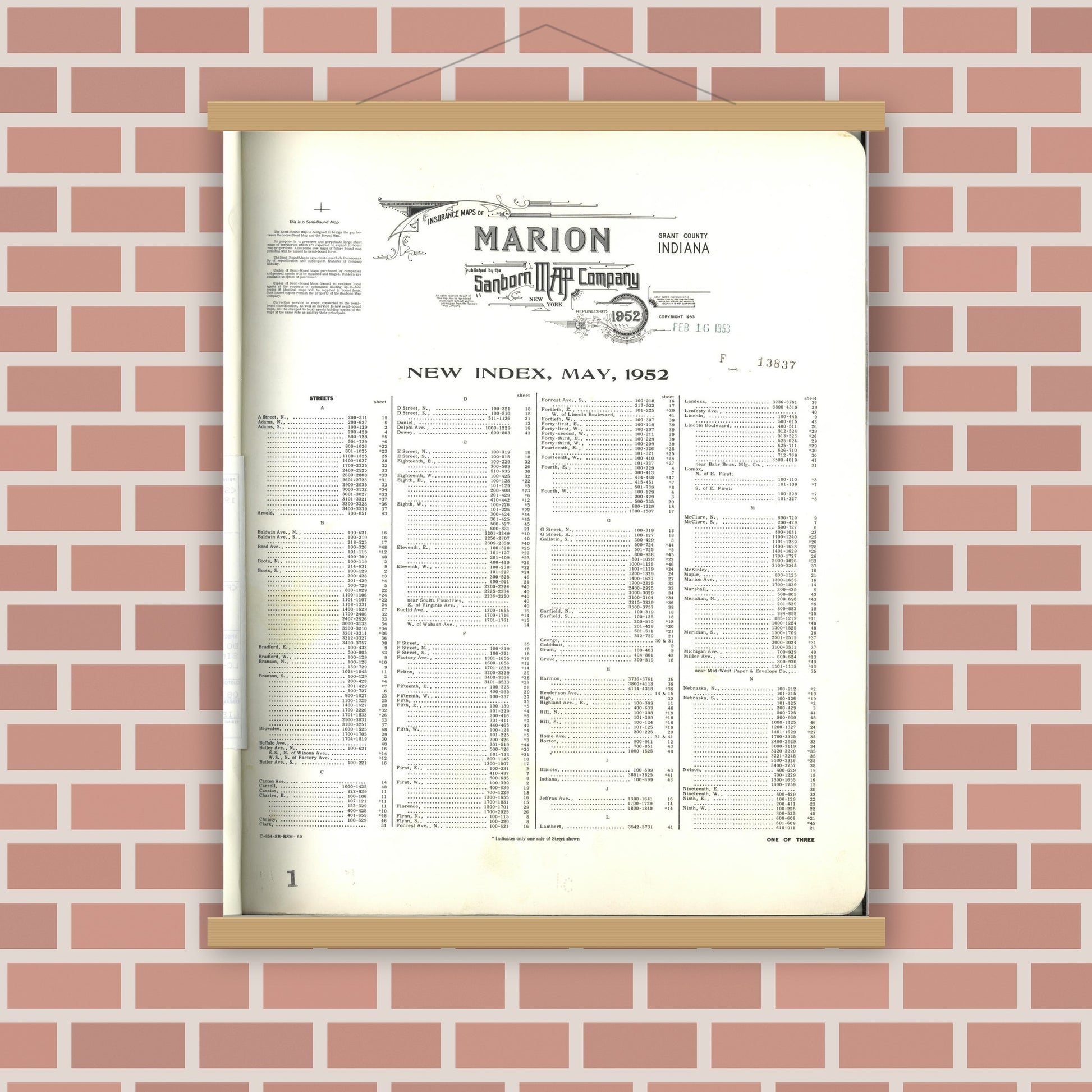 Old map wall art mockup — magnetic wood frame on brick wall — Sanborn Fire Insurance Map from Marion, Grant County, Indiana (1952), Sheet #0001