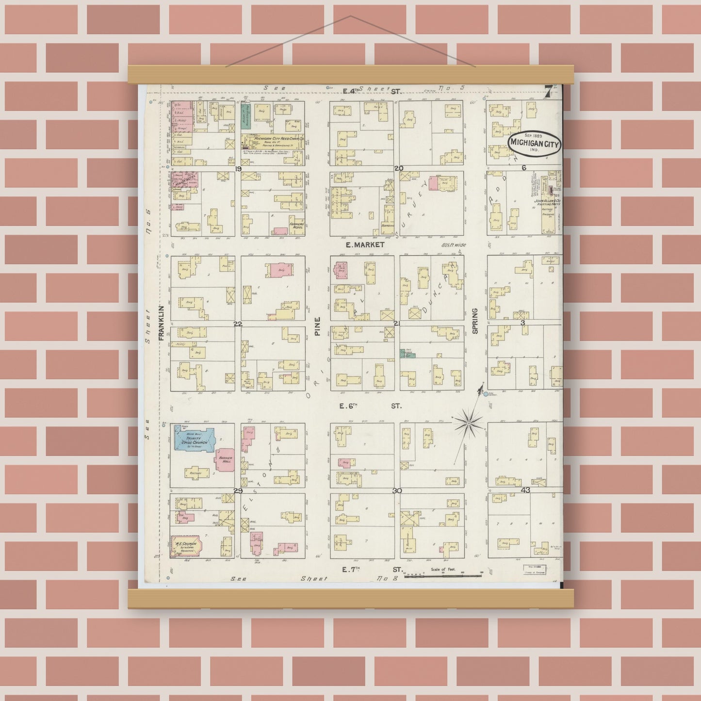 Old map wall art mockup — magnetic wood frame on brick wall — Sanborn Fire Insurance Map from Michigan City, La Porte County, Indiana (1889), Sheet #0007