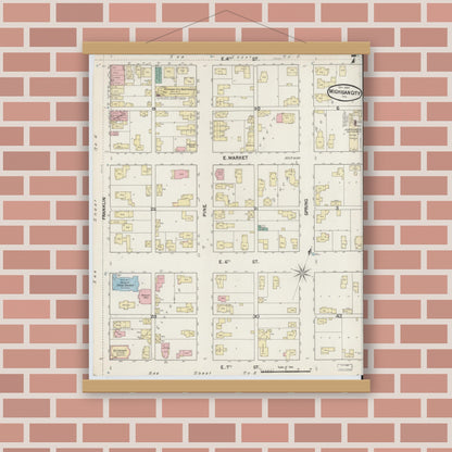 Old map wall art mockup — magnetic wood frame on brick wall — Sanborn Fire Insurance Map from Michigan City, La Porte County, Indiana (1889), Sheet #0007