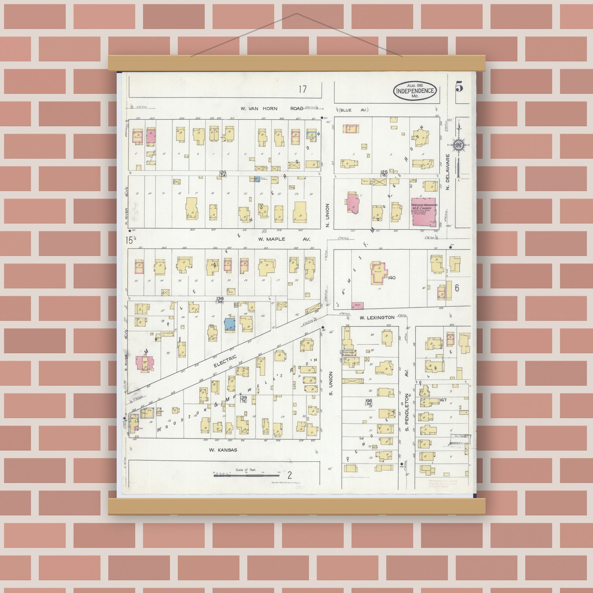 Old map wall art mockup — magnetic wood frame on brick wall — Sanborn Fire Insurance Map from Independence, Jackson County, Missouri (1916), Sheet #0005