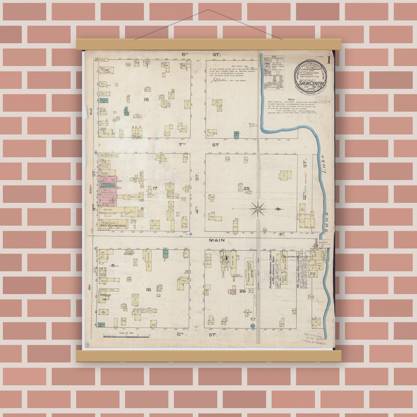 Old map wall art mockup — magnetic wood frame on brick wall — Sanborn Fire Insurance Map from Sauk Centre, Stearns County, Minnesota (1885) - Complete Map Set