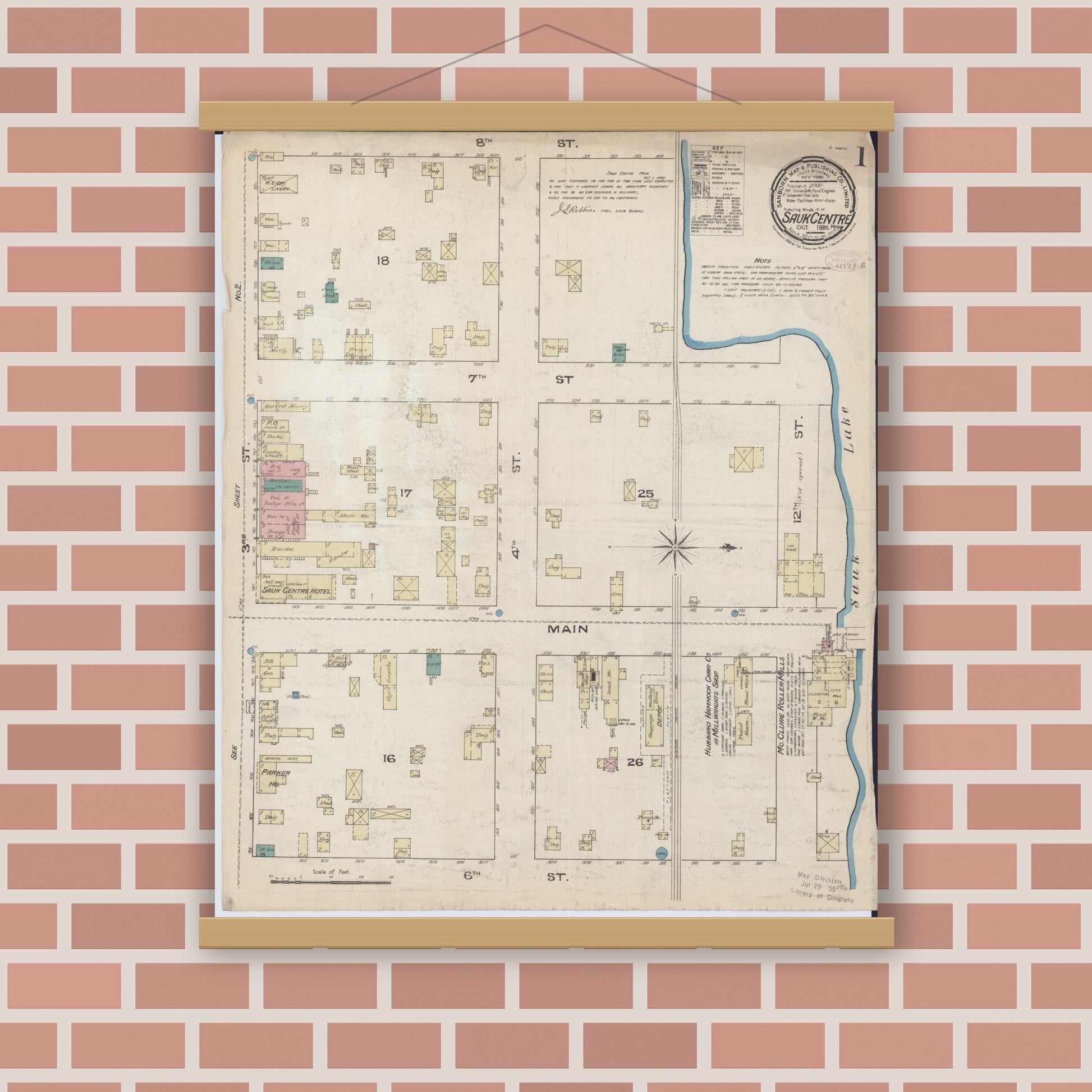 Old map wall art mockup — magnetic wood frame on brick wall — Sanborn Fire Insurance Map from Sauk Centre, Stearns County, Minnesota (1885) - Complete Map Set