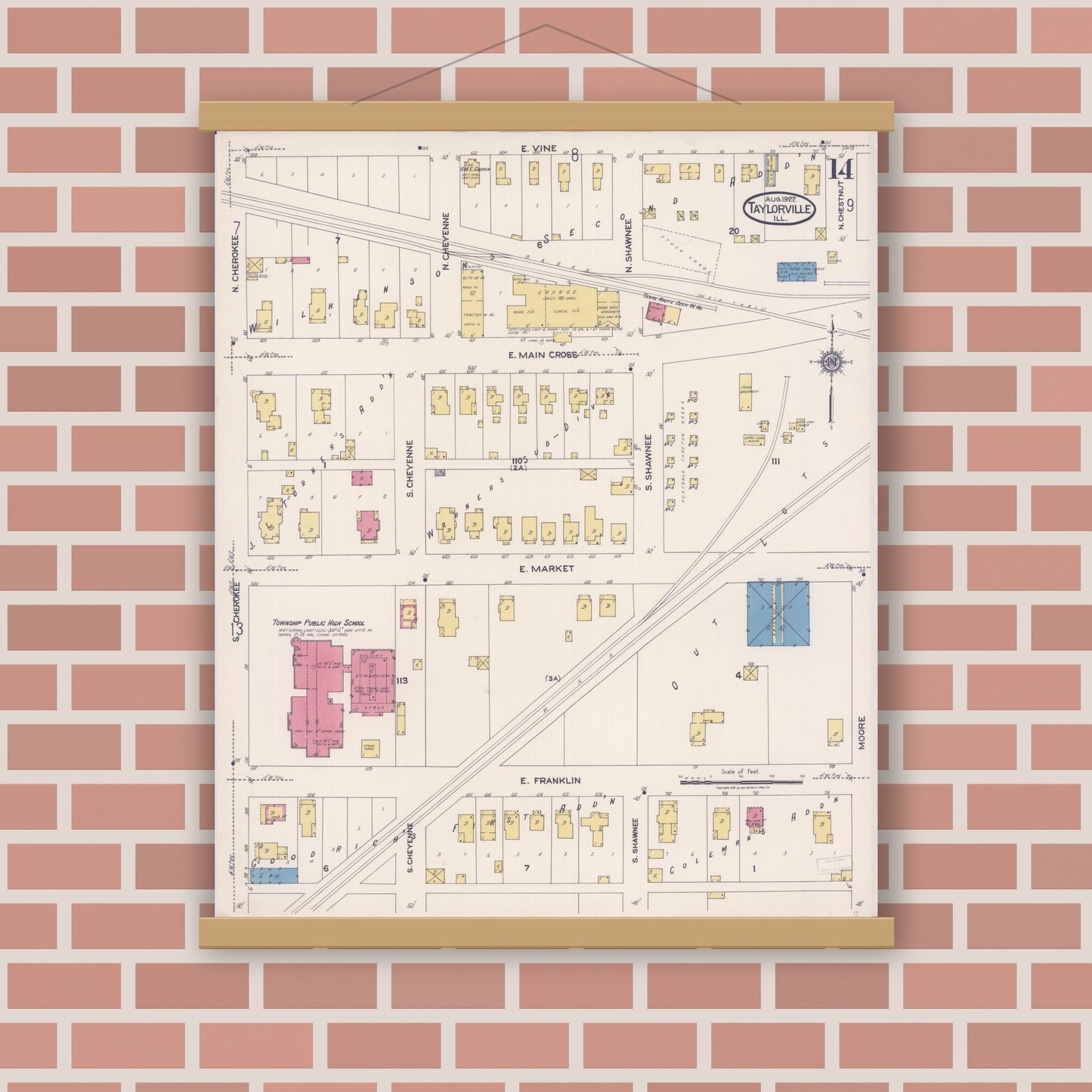 Old map wall art mockup — magnetic wood frame on brick wall — Sanborn Fire Insurance Map from Taylorville, Christian County, Illinois (1922), Sheet #0014