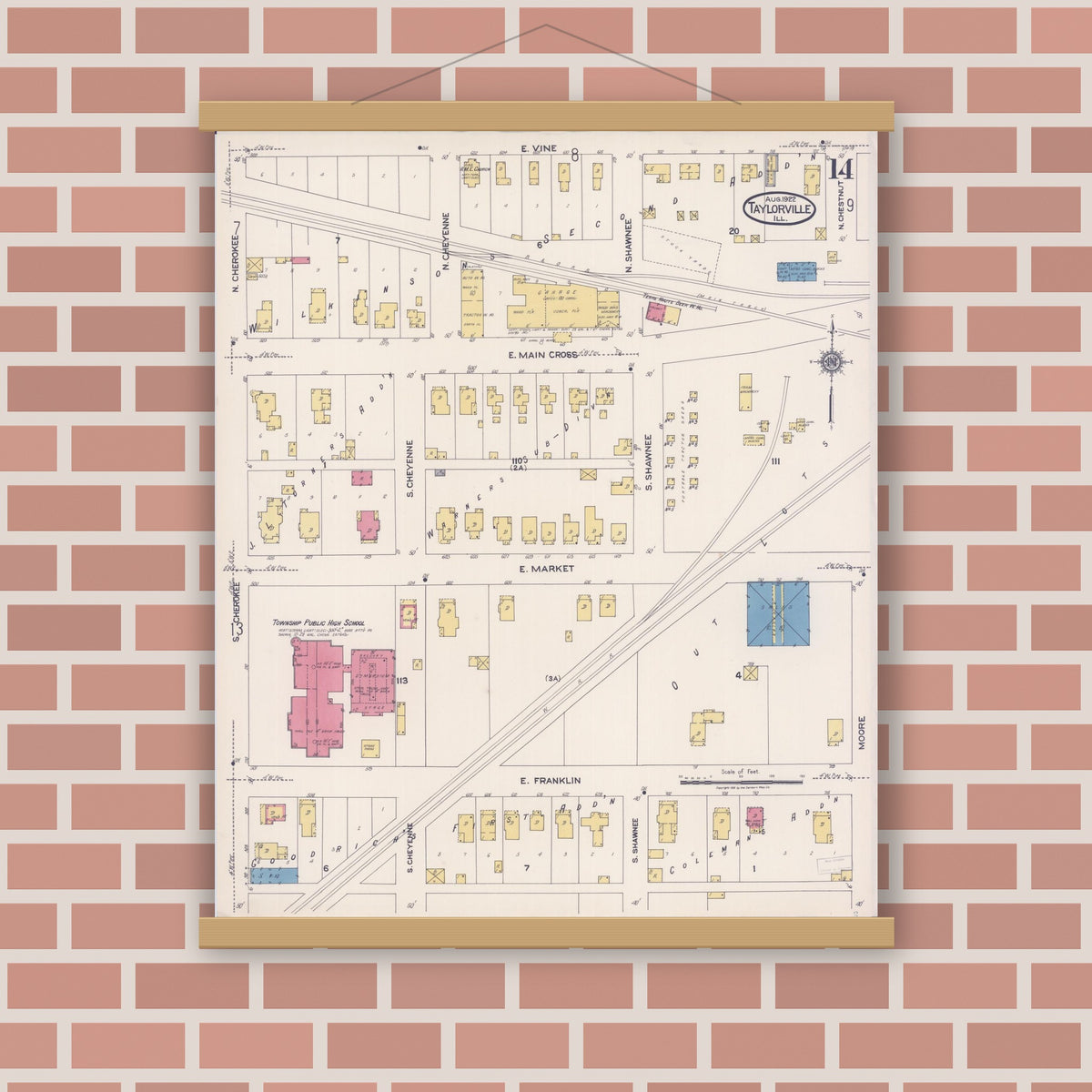 Old map wall art mockup — magnetic wood frame on brick wall — Sanborn Fire Insurance Map from Taylorville, Christian County, Illinois (1922), Sheet #0014